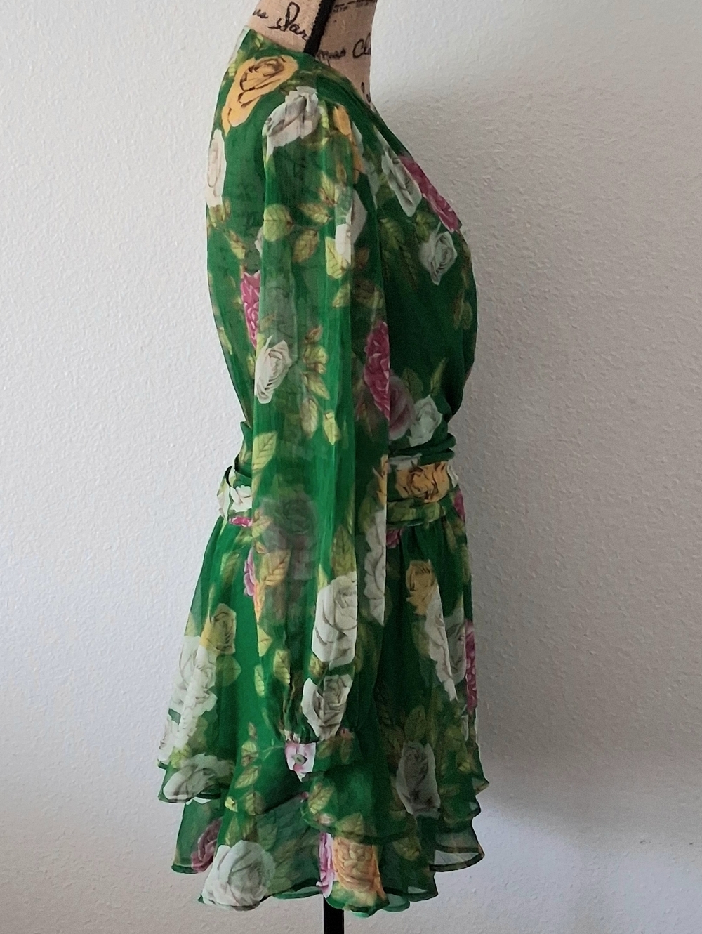 Zara Green Rose Print Mini Ruffled Dress Size S - Picture 4 of 6